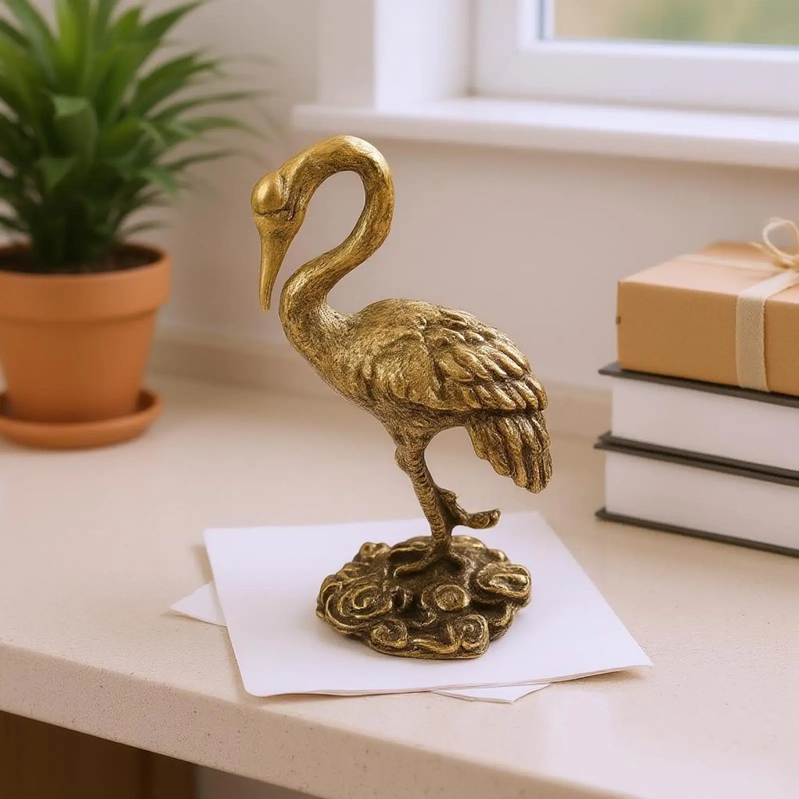 Gold Crane Figurine Engraved Feathers Antique Crane Statue Textured