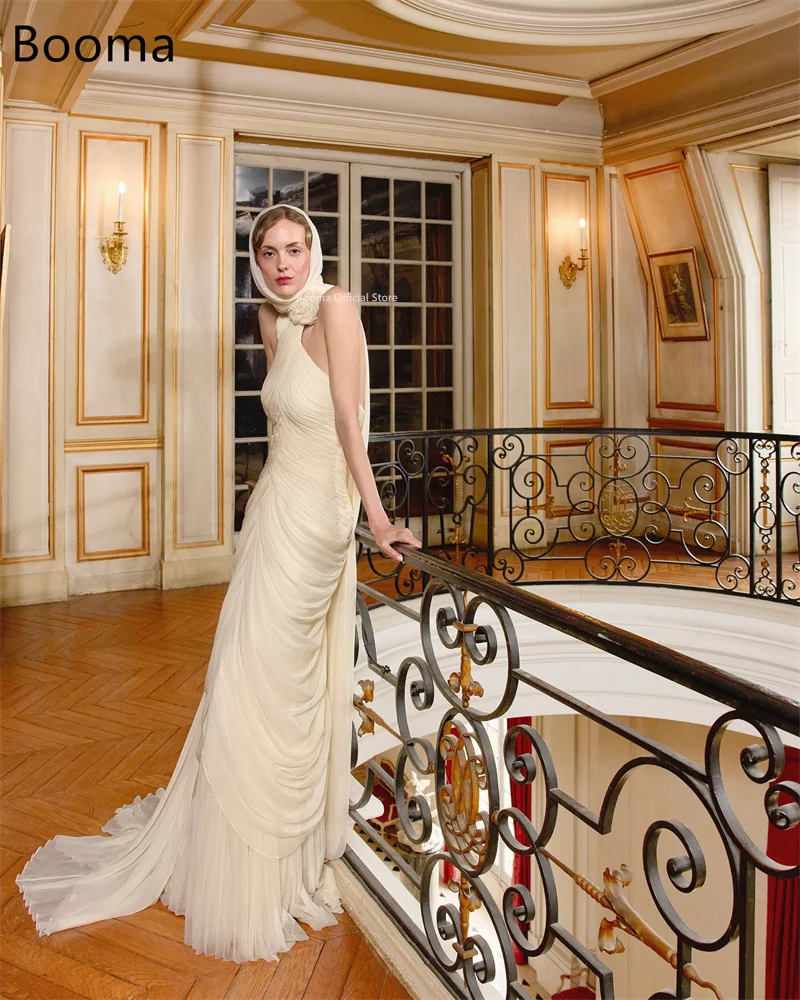 Booma sem mangas sereia simples tule vestidos de casamento longo até o chão vestido de noiva feito sob encomenda 2025