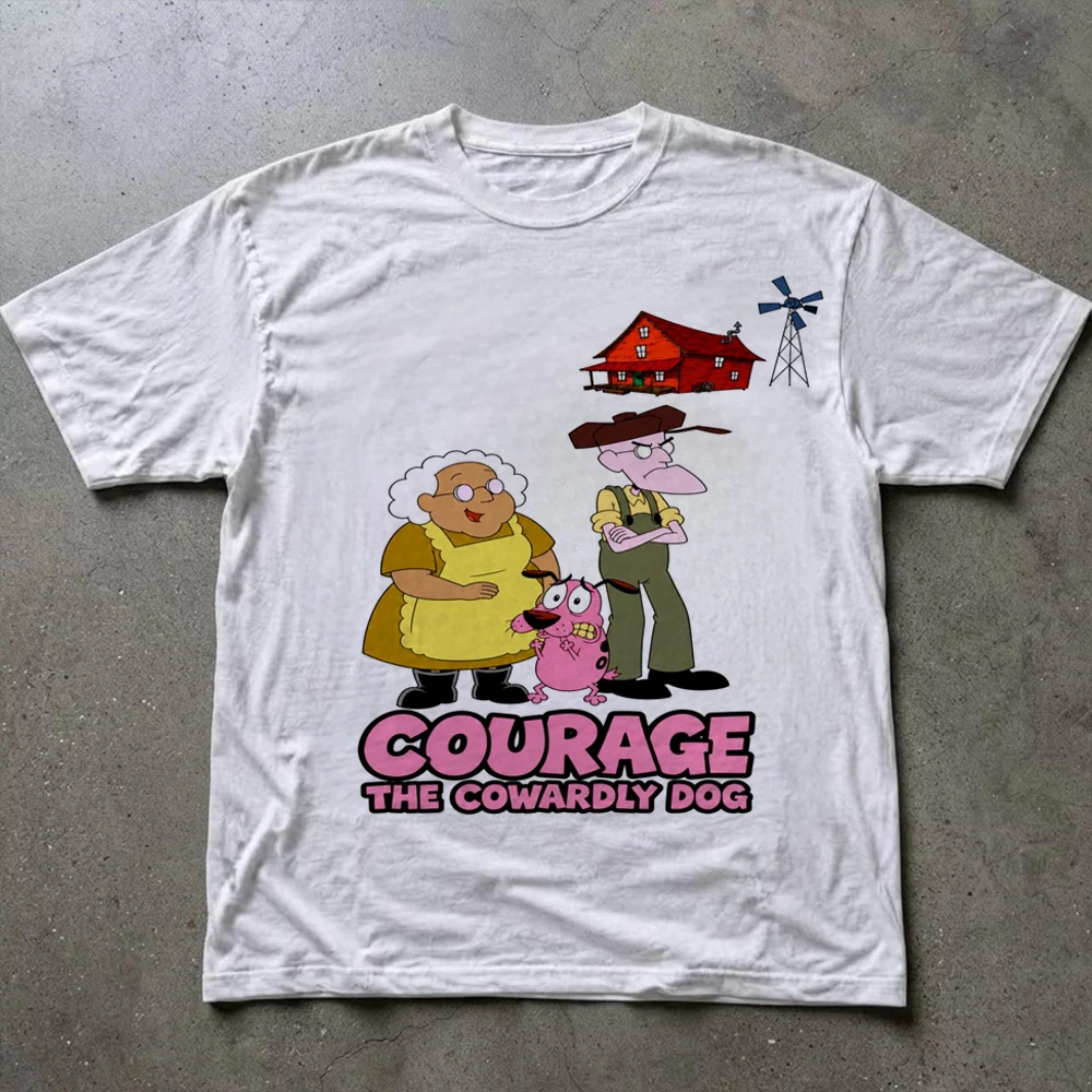 Vintage Courage the Cowardly Dog Cartoon Print Short Sleeve T-Shirt Retro Unisex Graphic Tee 90s Nostalgia Summer Streetwear Top