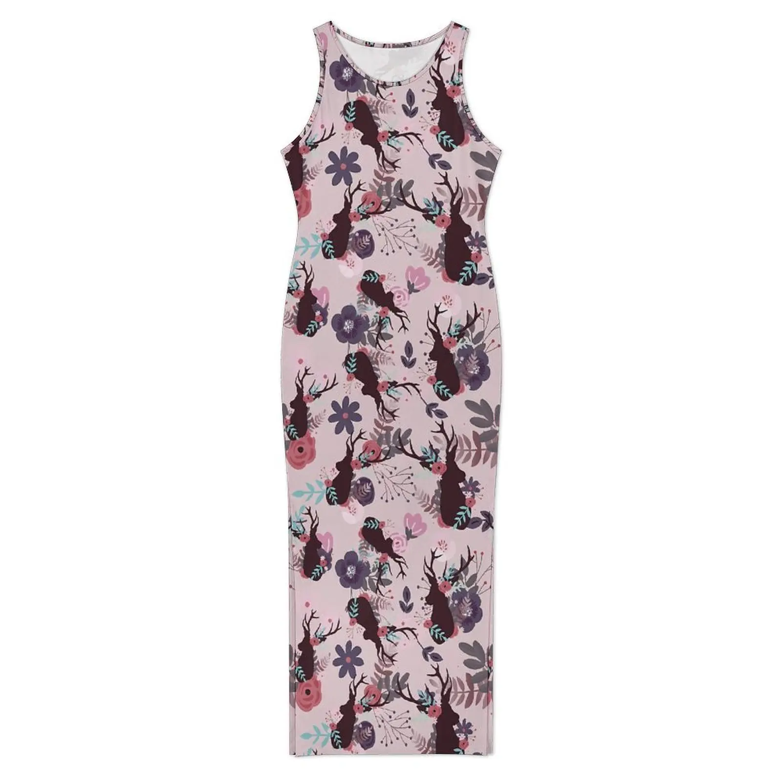 Women Rustic Deer Head Dress Pink Floral Trendy Street Fashion Bodycon Dress Spring Modern Maxi Dresses Design Oversize Vestidos