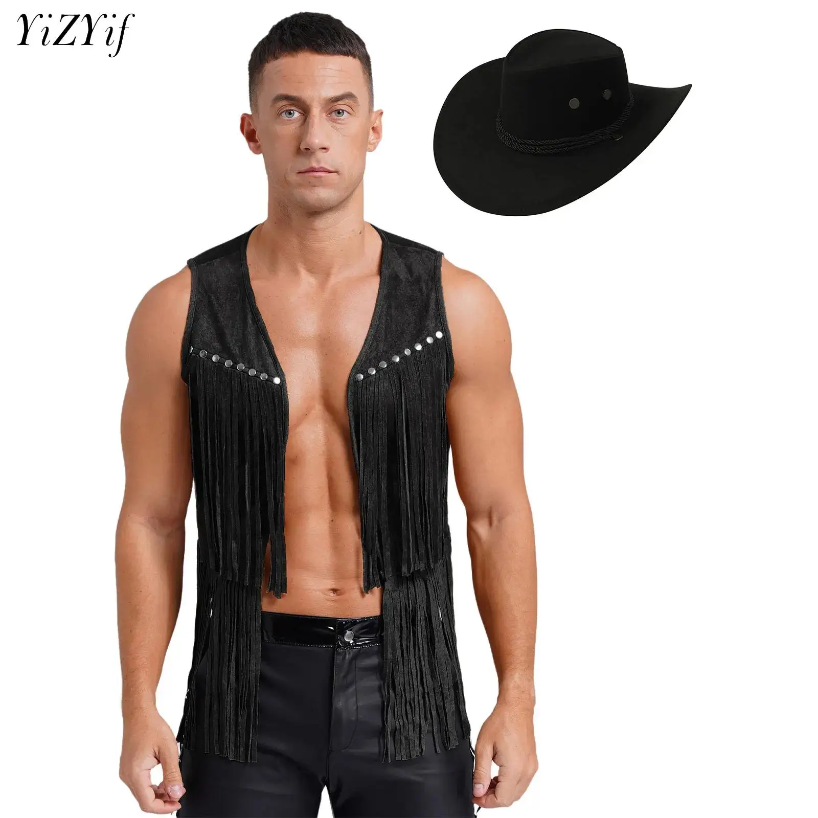 

Western Cowboy Costume for Mens Halloween Cosplay Cowboy Cowgirl Dress Up Fringe Suede Leather Tassel Rivets Vest with Hat Set