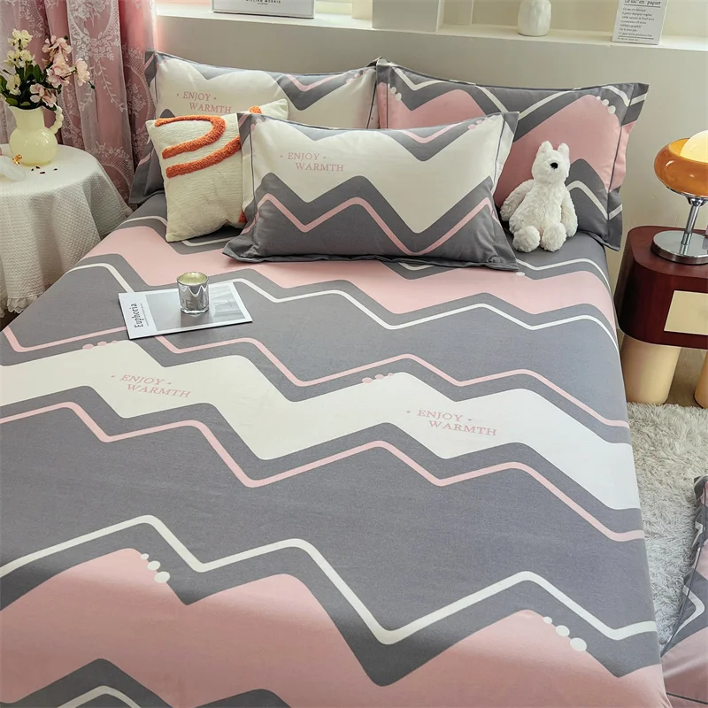 Pink Wave Pattern Flat Sheet Cotton Queen Striped Bed Sheet Set Soft Comfortable Abstract Geometric Bed Cover with 2 Pillow Sham