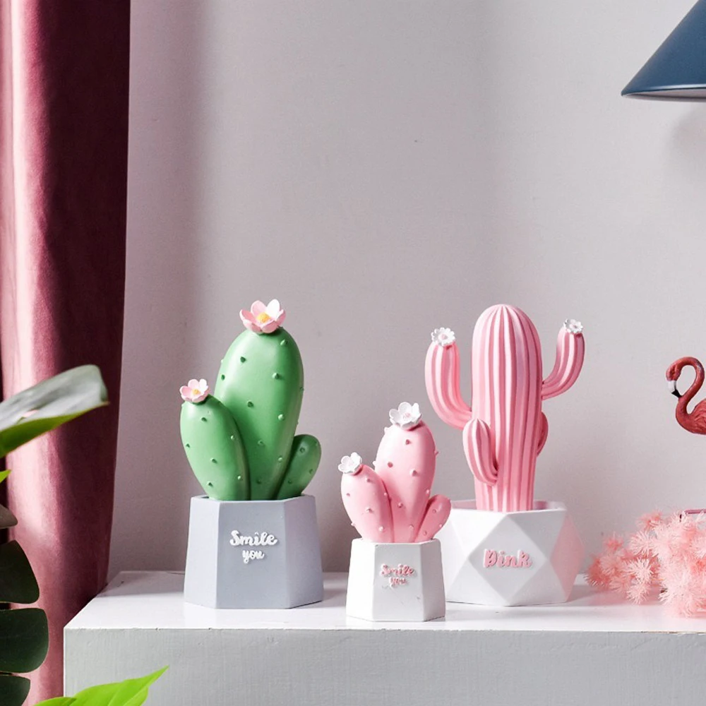 Pink Resin Cactus Desk Decor - Mini Succulent Ornament for Girls, Self Care Gift for Women Office & Home