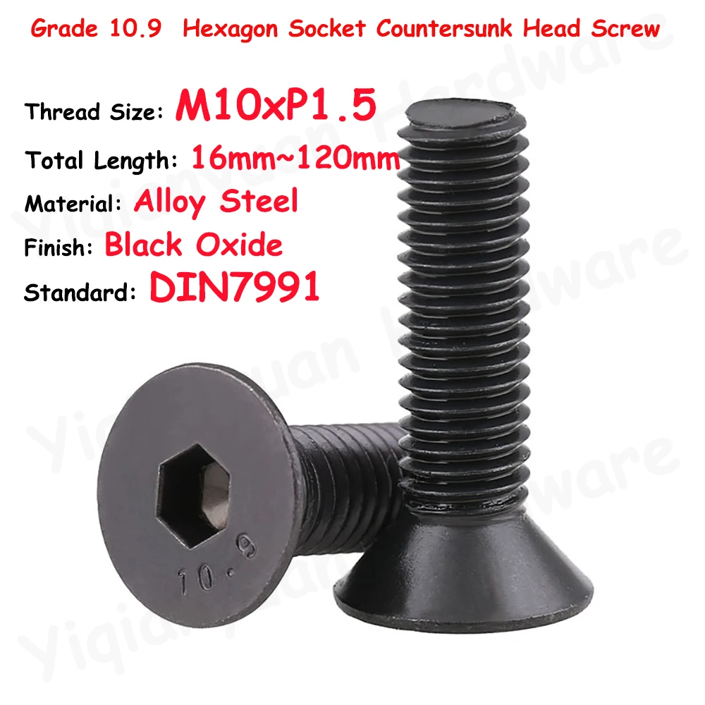 

DIN7991 M10xP1.5 Coarse Thread Grade 10.9 Alloy Steel Hexagon Socket Countersunk Head Cap Screw Black Oxide Allen Key Flat Bolts