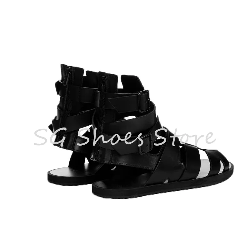 Black Genuine Leather Roman Weaving Sandals for Men Ankle Buckle Strap Cool Boots Male Casual Shoes Hollow Out Peep Toe Falts