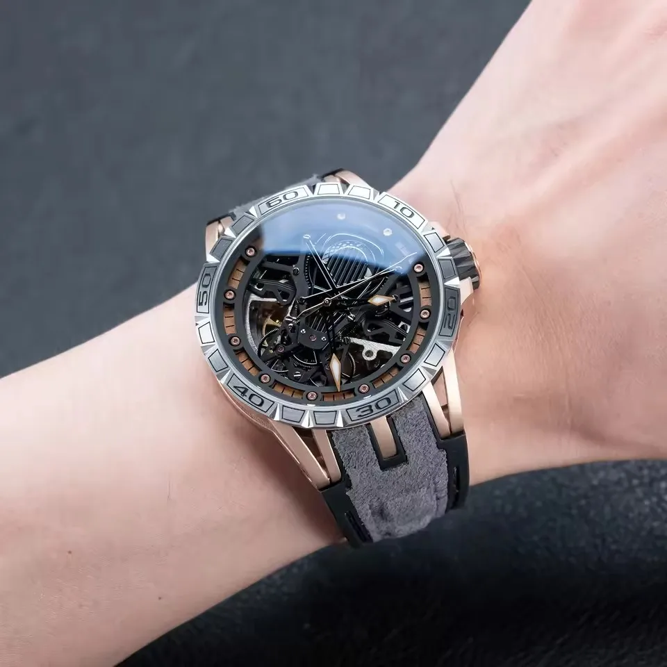 Reef Tiger Luxury Men's Mechanical Watch Automatic Skeleton Dial Luminous Hands Sport Style Rubber Band Waterproof Wristwatch