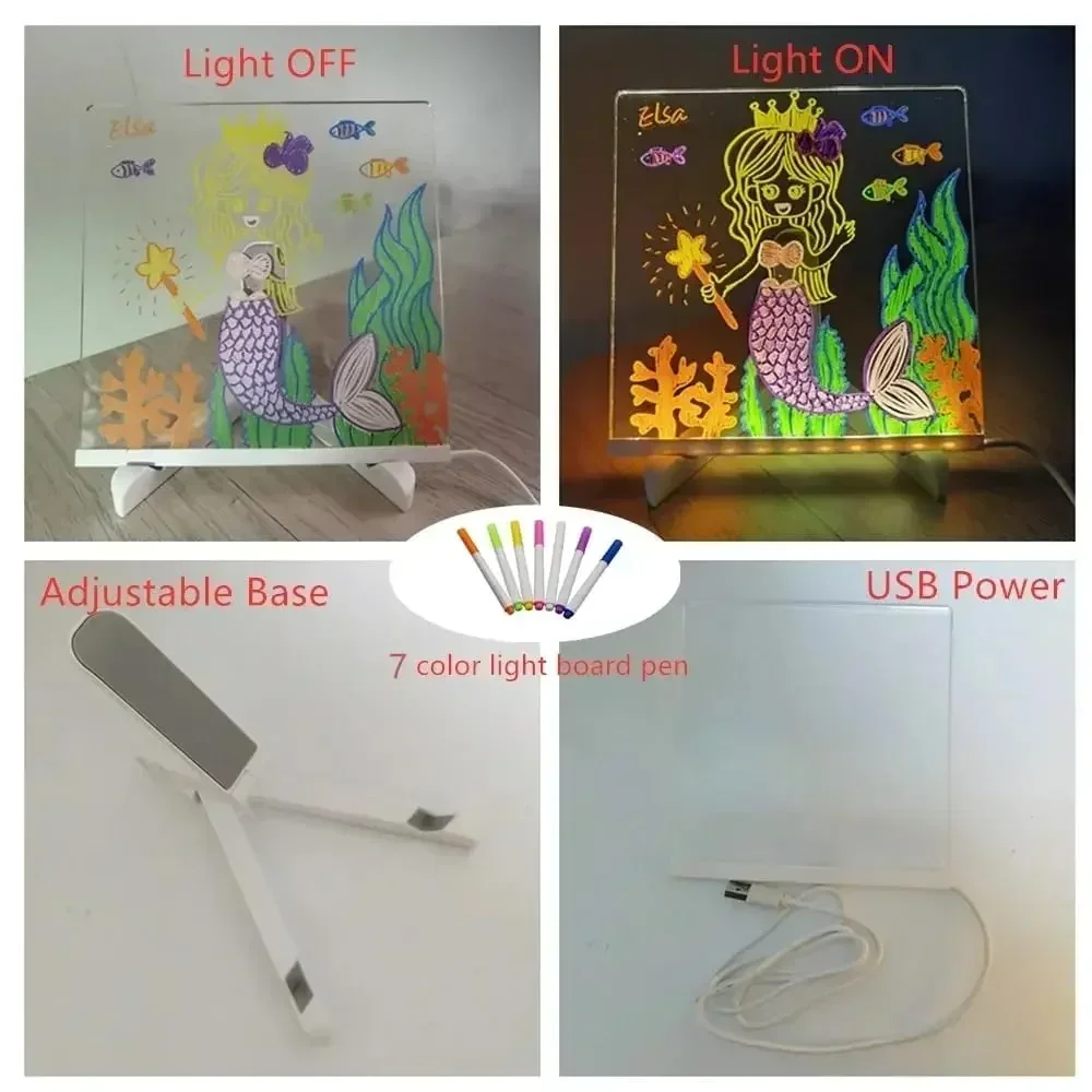 Lampu papan gambar anak LED transparan akrilik, lampu catatan pesan dapat dihapus USB kamar tidur lampu malam hadiah mainan anak ulang tahun