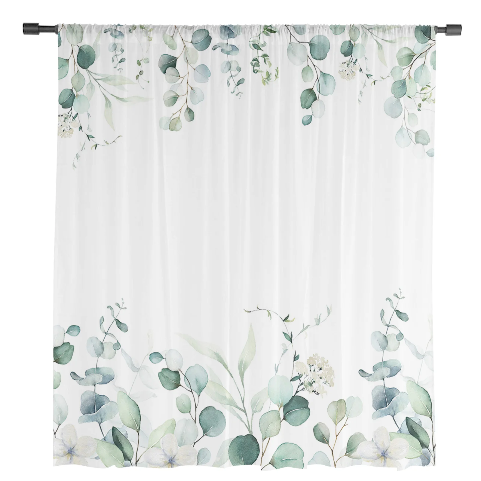 Ins Style Eucalyptus Leaves Sheer Curtains for Living Room Decoration Window Curtains for Kitchen Tulle Voile Organza Curtains