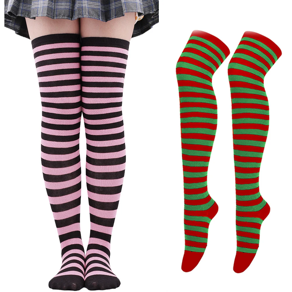 Over Knee Long Socks Fashion Stripe Printed Cotton Stockings Japanese Color Girl Striped Sock Women Sexy Thigh High Warm Hosiery