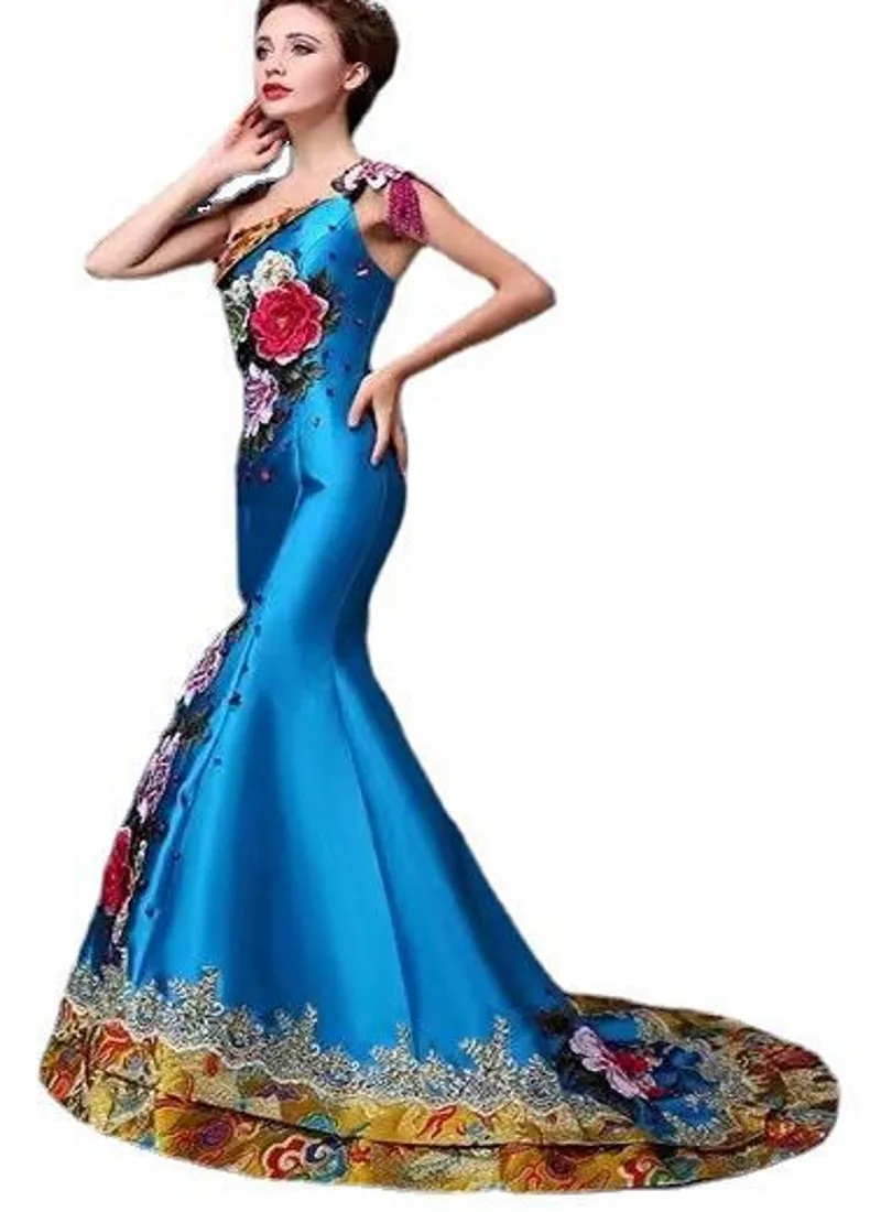 สีแดง/Royal Blue ยาว Mermaid Evening Dresses 2025 Strapless ดอกไม้เย็บปักถักร้อยลูกไม้ซาอุดีอาระเบียพรหมคนดังชุด