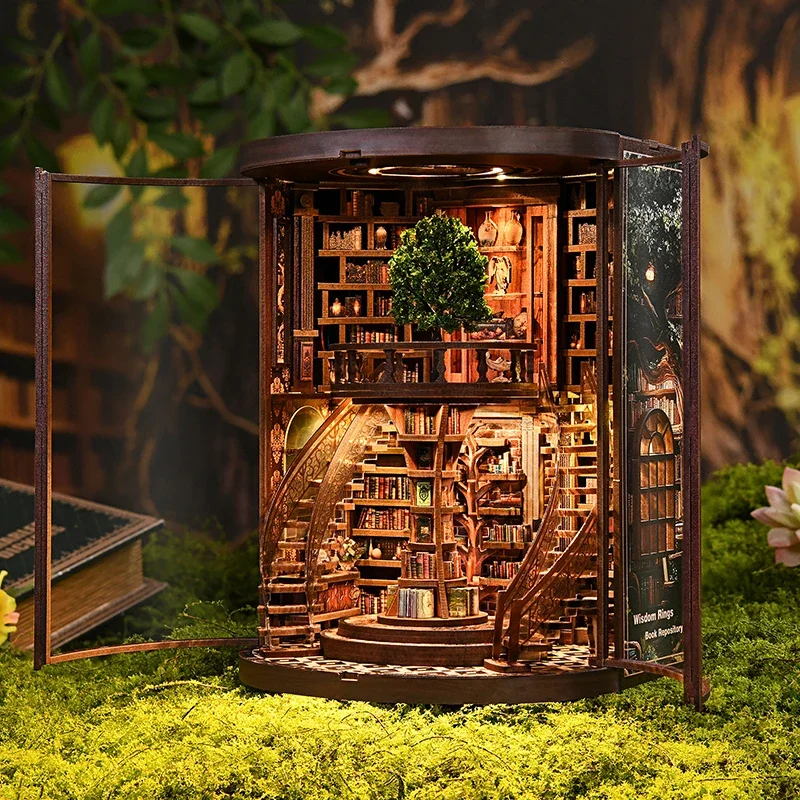 DIY Wisdom Rings Book Nook Kit 3D Wooden Puzzle Bookend, Miniature Bookshelf Insert Decor, Creative Gift for Adults