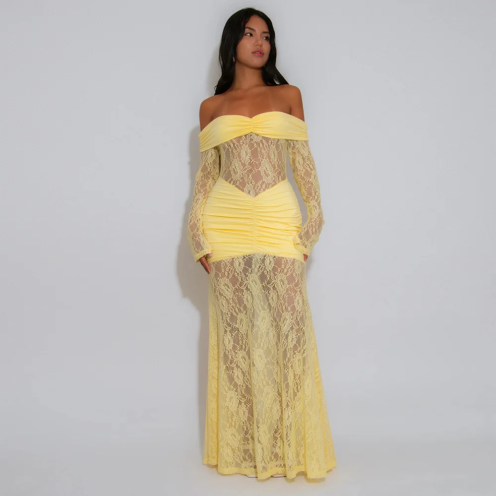 Women Fashion Elegant Lace Long Dress Fashion Sexy Long Sleeve Backless Slim Fit Dress for Women