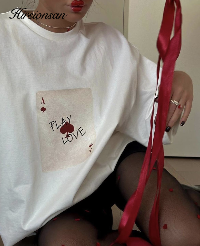 Hirsionsan "play Love" Letter Printed T Shirt Women Summer Cotton Soft Short Sleeve Tee Female Oversized Higt Street Gothic Tops