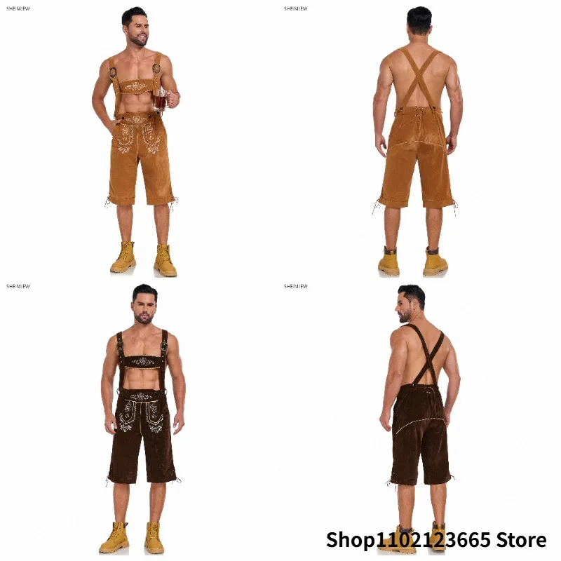 Dreifarbige Herren-Lederhose im traditionellen deutschen Bierfest-Stil mit Hosenträgern für Oktoberfest und Rollenspiel-Bodysuit