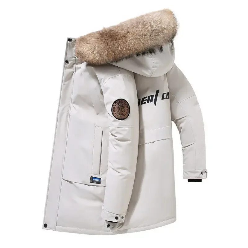 Men's Winter Thickened Down Jacket Hooded 90 White Duck Down Coat Long Warm Coat with Big Fur Collar Casual Loose Fit