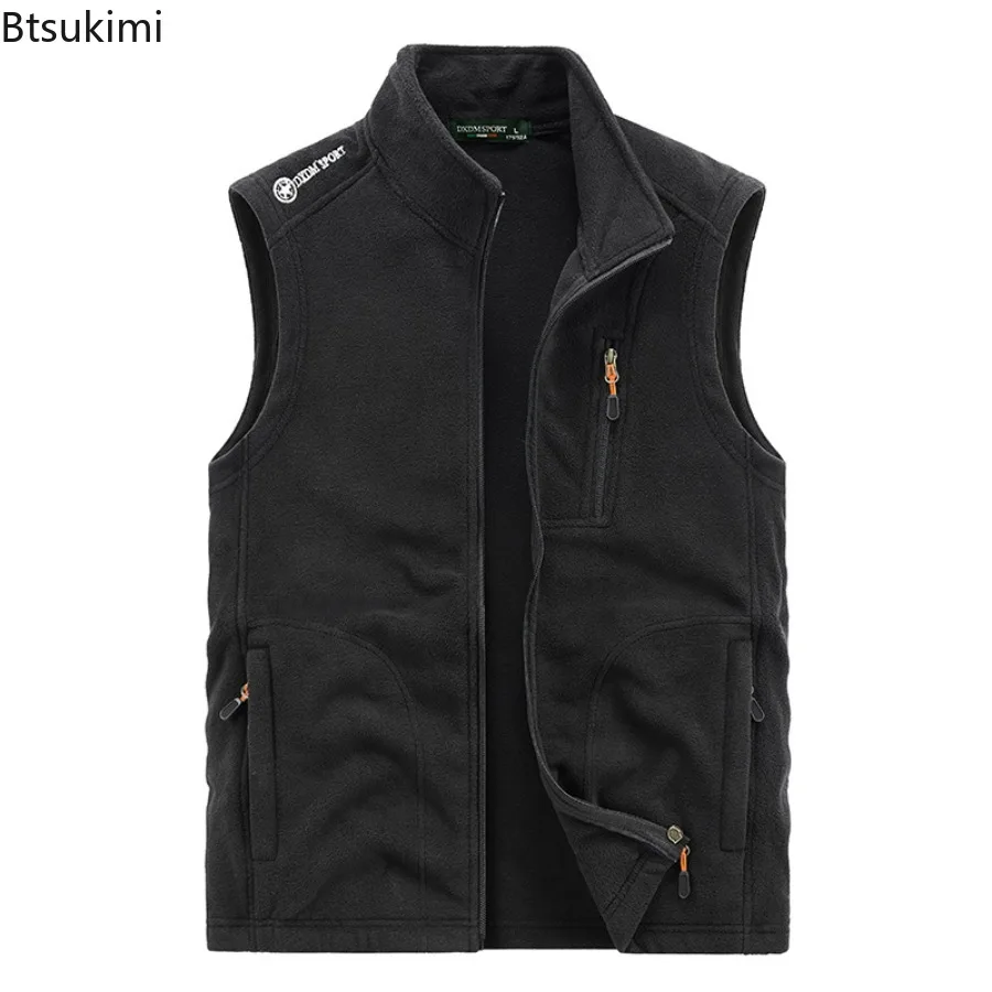 New Autumn Winter Men's Thick Warm Vests Solid Stand Collar Polar Fleece Sleeveless Jackets Outdoor Casual Sports Waistcoats Man