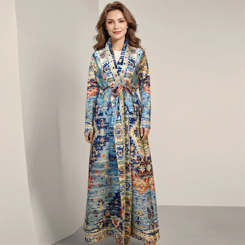 

Robe autumn clothes new printed cardigan long middle eastern arabic robe pleated women's lapel jacket fashion simple temperament