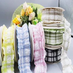 10 jardów Japoński koreański styl Puff Wrinkle Plaid Akcesoria do włosów Opakowanie Kwiatowa kokarda Krawędź pływania Kwadratowa wstążka Ręcznie robiona