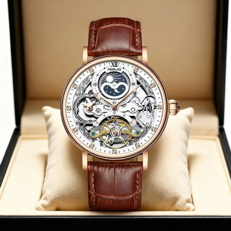 

Мужские механические часы с турбийоном, белым и коричневым ремешком из искусственной кожи, в повседневном стиле, с полностью автоматическим механизмом.