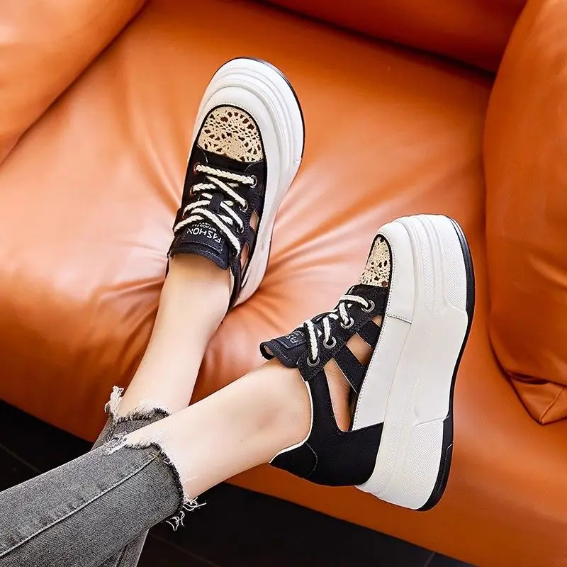 Summer Woman Platform Sneakers Wedge Shoes 2024 Female 8cm Height Increasing Crochet Hollow Breathable Casual Shoes Canvas Shoes