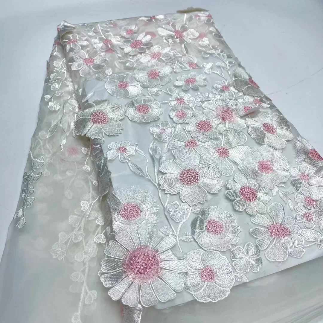 Luxe Afrikaanse 3d Bloem Kant Stof 2024 Hoge Kwaliteit Geborduurde Nigeriaanse Kant Stoffen 5 Yards Voor Vrouwen Feestjurk Mhy5435
