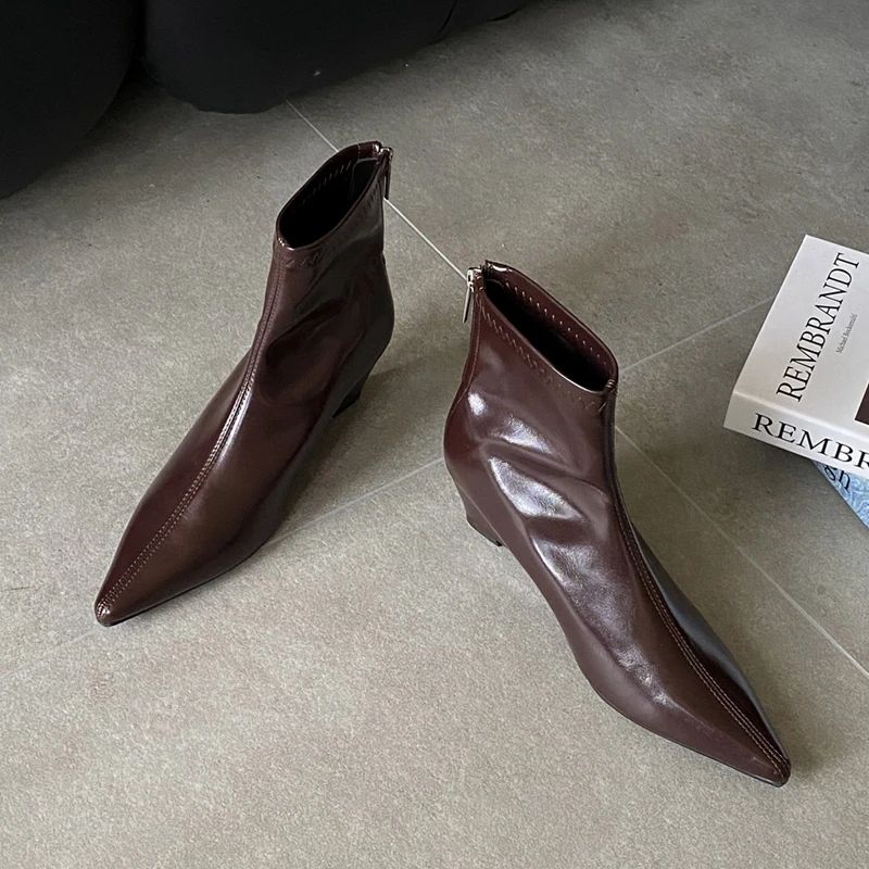 SUOJIALUN 2025 New Brand Women Ankle Boots Fashion Pointed Toe Ladies Elegant Short Boots Shoes High Wedge Heel Dress Pumps Shoe image 5