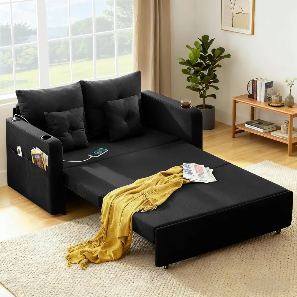 

Sleeper Sofa Bed, Convertible Pull Out Couch, 56 Full Size Loveseat Sleeper Sofa with 4 Pillows, Pocket amp USB, Small Couch Be