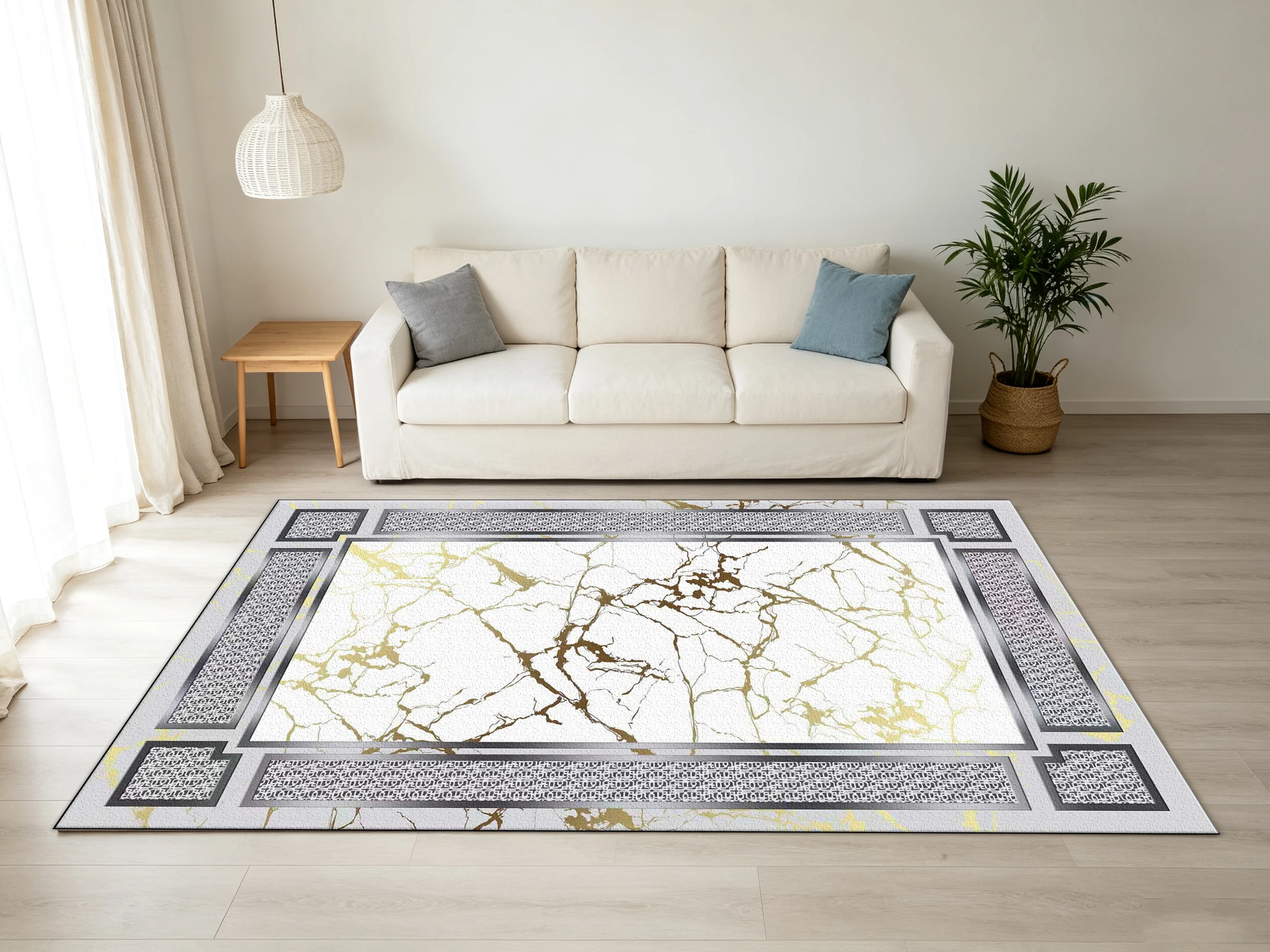 Modern Marble Square Carpet Flooring White Gold Vein Texture Metal Frame Rug for Indoor Home Decor