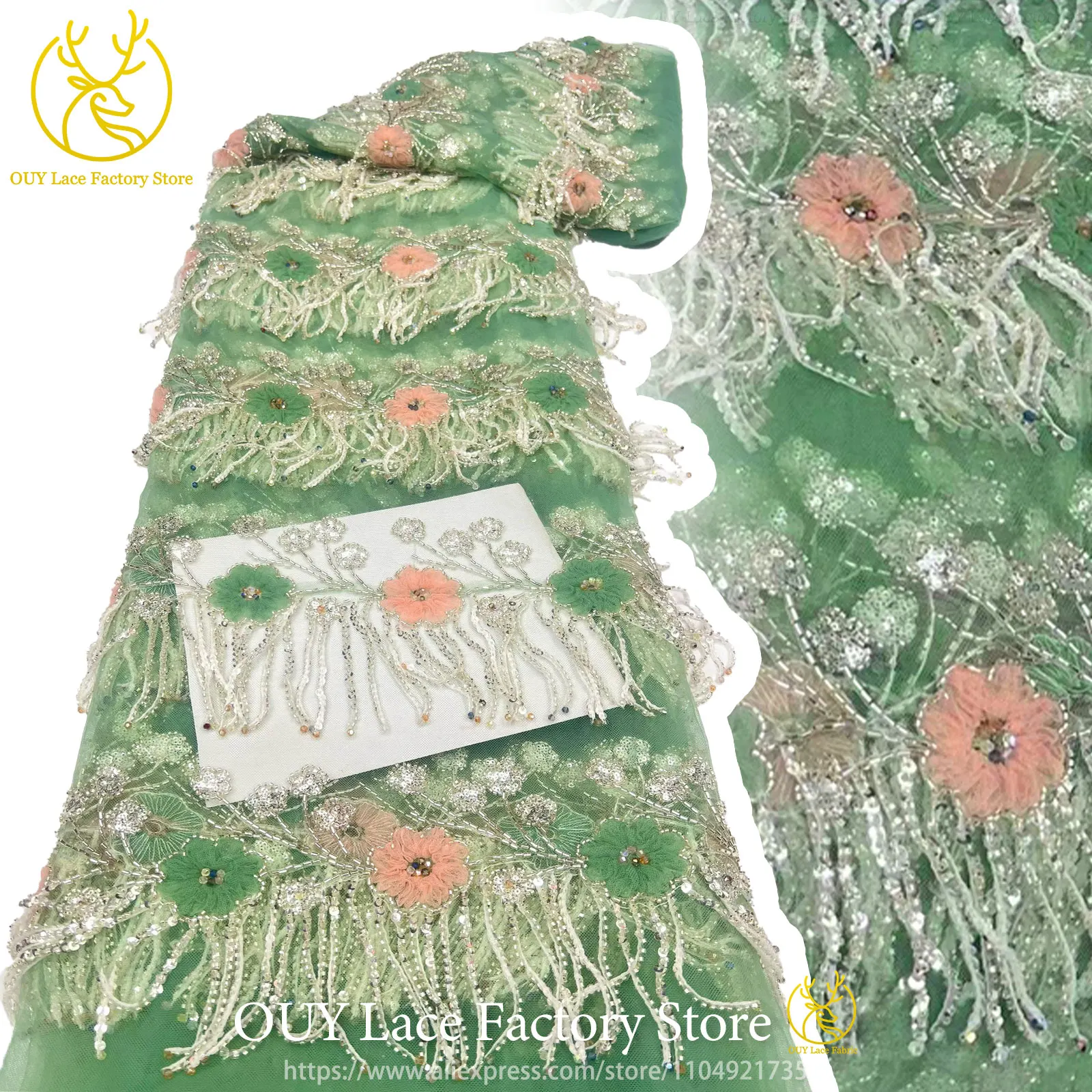 Nigerian 3D Tassel Beaded Lace Fabric Fashion African Lace Fabric Luxury French Sequins Tulle Lace For Women Wedding Dress
