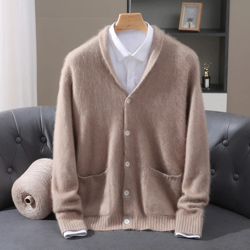 Cashmere Warm V-neck Men's Knitted Cardigan High Luxury Thick Korean Version Business Casual Autumn/Winter Coat Simple Sweater