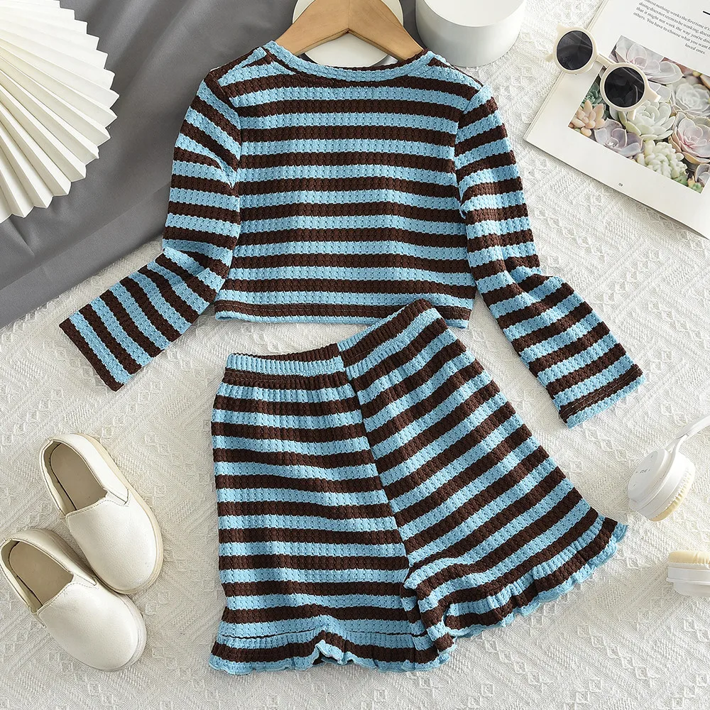 Autumn New Blue Striped Korean Version Fashionable Girls' Casual Clothes Long Sleeved Top+shorts Two-piece Set Comfortable
