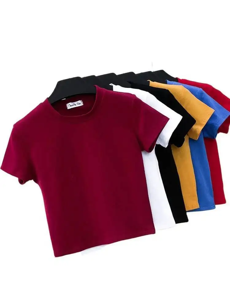 

Green Crop Top Female Solid Cotton O Neck Sleeve T Shirts For Women High Waist Slim Short Sport Femme T Shirt