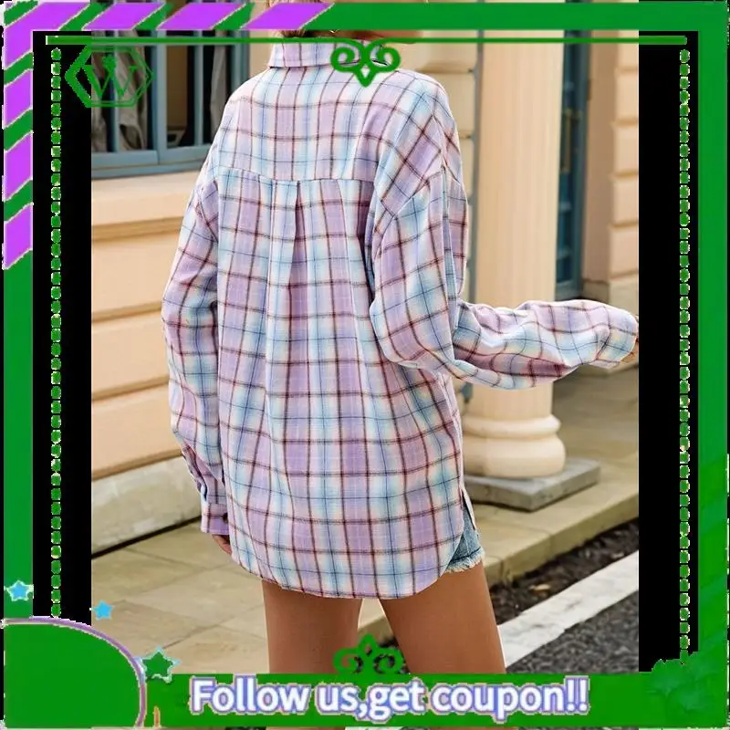 

A18P-Womens Button Down Flannel Shirts Long Sleeve Plaid Shackets Business Casual Blouse Top