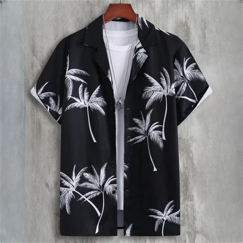 Summer Plus-Size Men's Shirts Palm Tree Print Hawaiian-Style Short-Sleeve Button-Down Beach Vacation Shirts Men's Casual Shirts