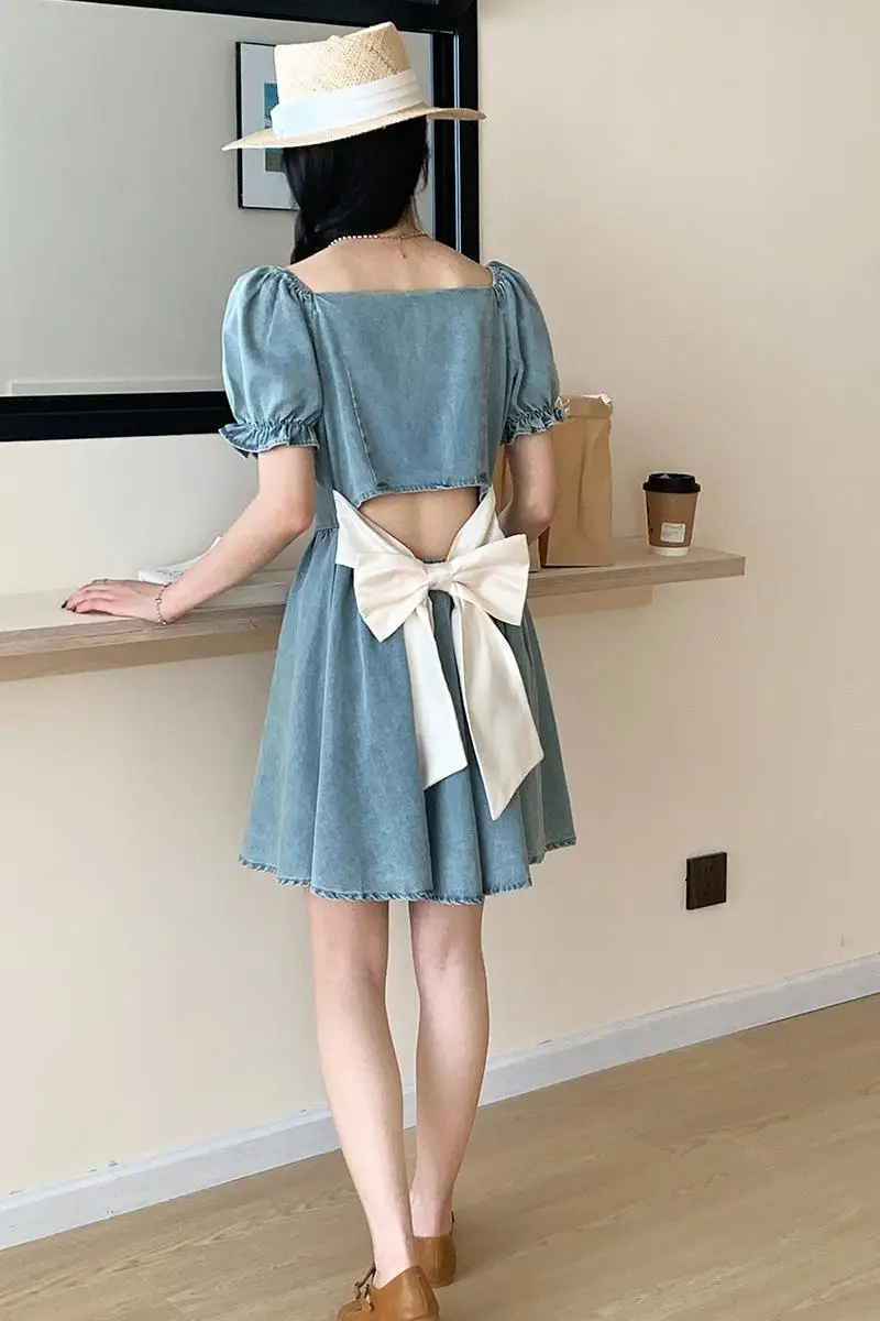 Denim Skirt With Bow On The Back Hollow Short Sleeves Women'S 2024 New Fashion Trend Tall French Dress For Small People