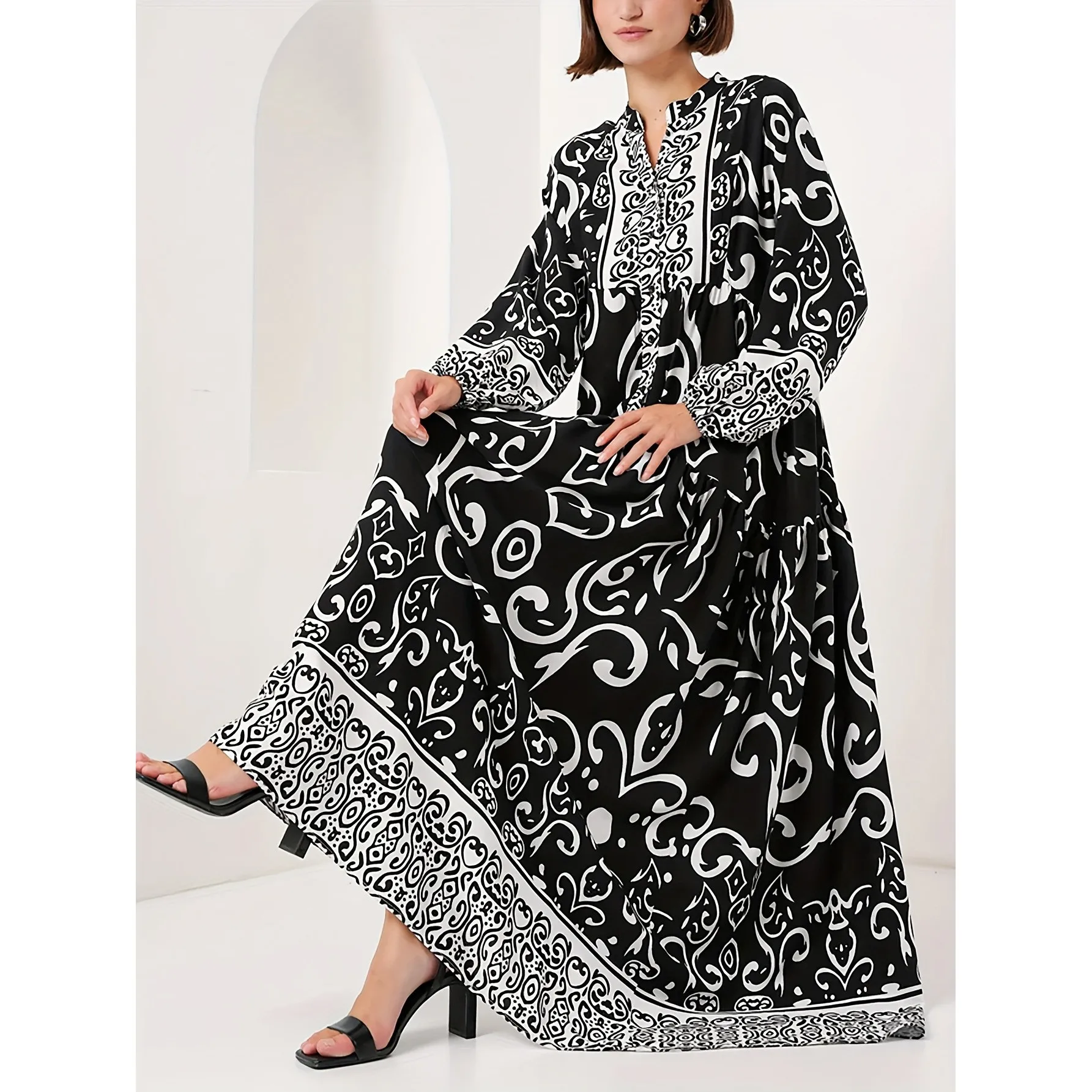 Women's Elegant Open Abaya Maxi Dress Loose Fit Geometric Print Deep V Neck Lantern Sleeve A Line Muslim Woman Abayas For Party