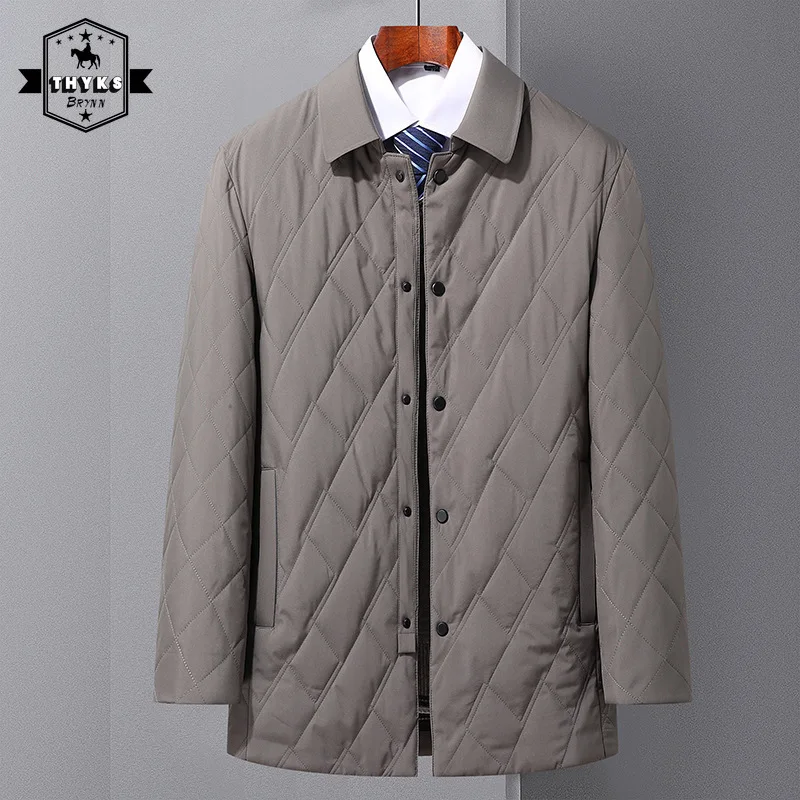 

Men's Button Plaid Warm Cotton Clothes Mid Length Version Lapel Casual Business Overcoat Male Winter Thick Solid Color Coats New