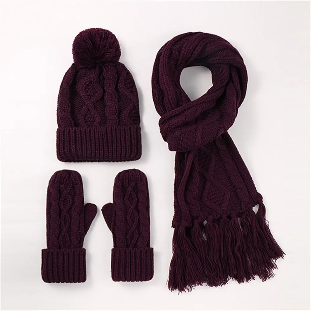 Fashion Winter Beanie Hat Scarf Gloves Set Warm 3 in 1 Set Long Scarf Neck Warmer Knit Women's Beanie with Pom Pom for Women