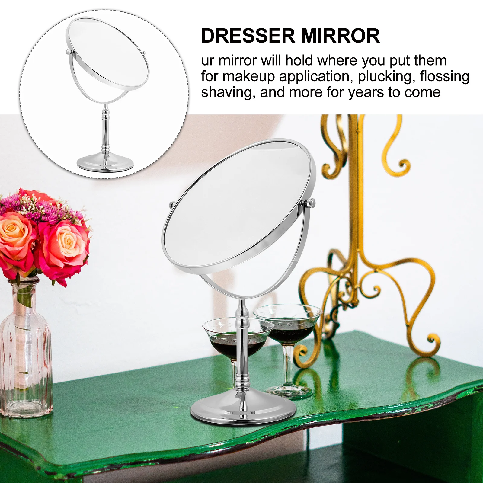 

Handheld Mirrors Swivel Vanity Double Side Makeup Tabletop Silver Dresser