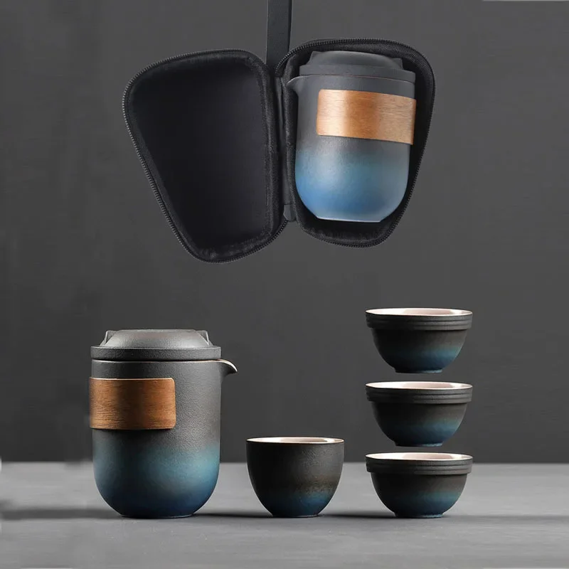 Cat Cup Retro Ceramic Quick Cup Gradient Blue Portable Storage Bag One Pot Four Cups Traveling Camping Portable Tea Partykung Fu