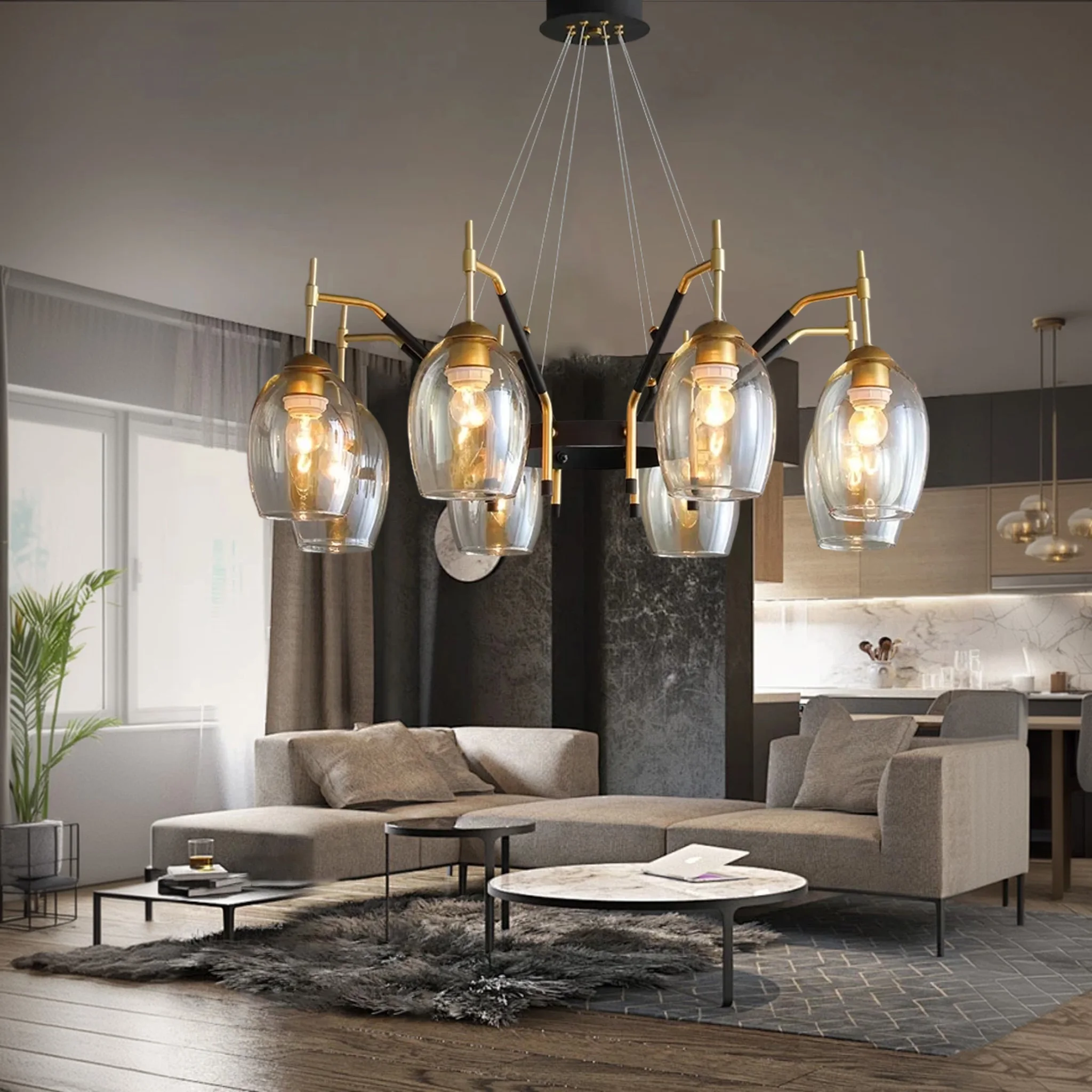 

Modern Minimalist Glass E27 LED Chandelier Ceiling Strip-shaped Antique style Brass Suspension designer light for Living Room