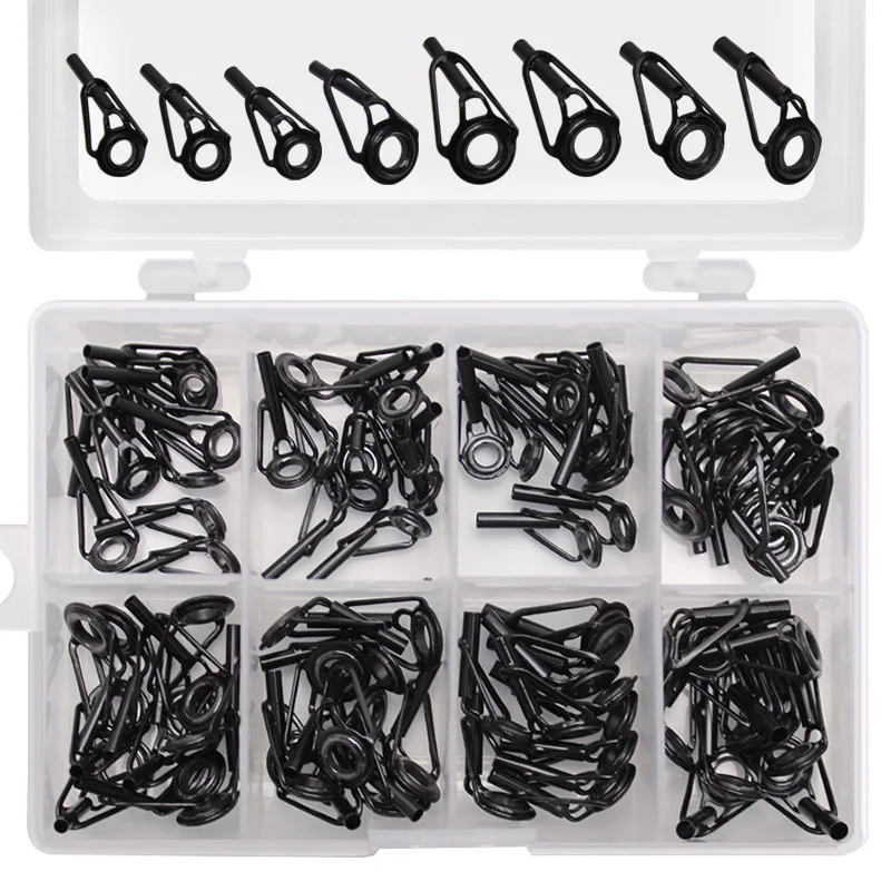 

80pcs Black Top Tip Guide for Spinning Casting Fishing Rod Building Repair Eye Line Ring Stainless Steel Frame Boxed