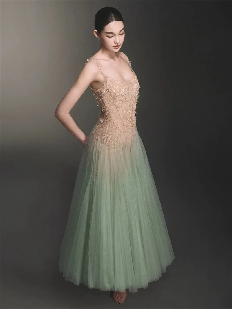 PuTao Gradient Green Tulle Prom Midi Dress Spaghetti Strap Floral Lace Bodice Formal Evening Gown For Graduation Party Girl Wear
