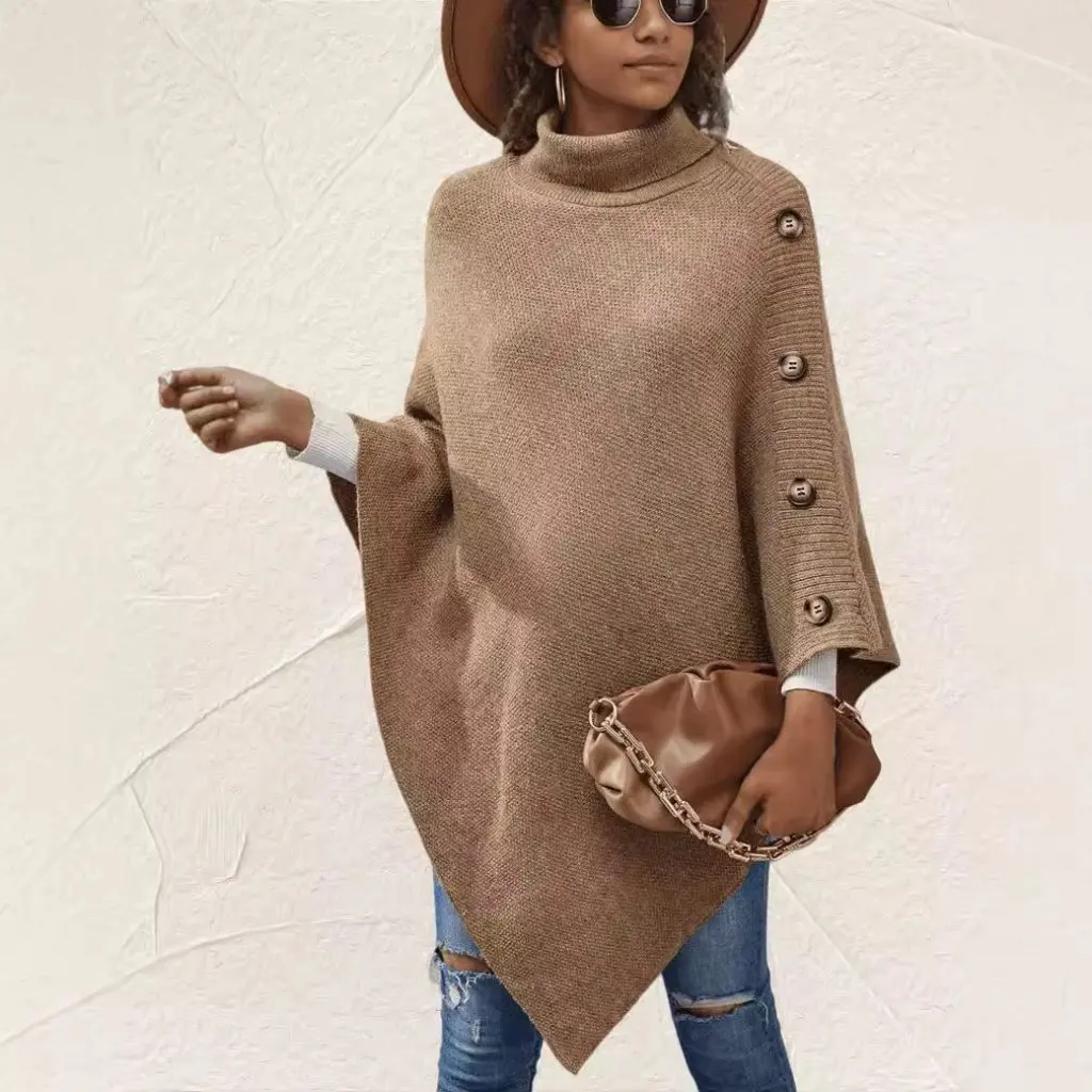 

Women's High Collar Shawl Cape Solid Color Split Sweater Coat Autumn Winter Fashion Style Direct Factory Price