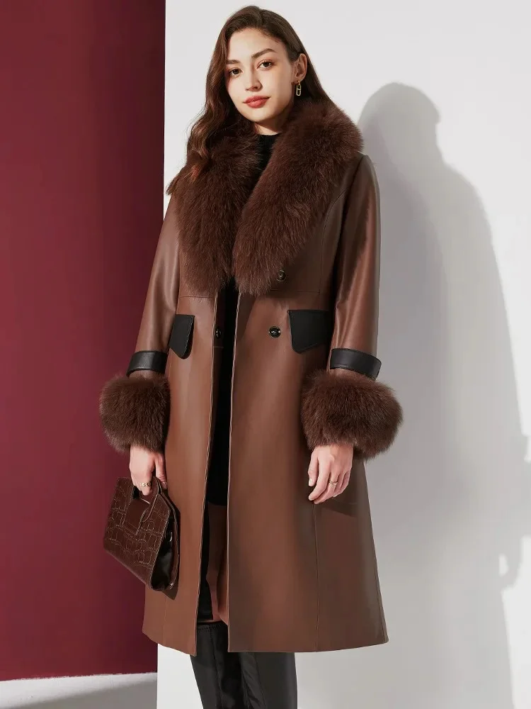 Elegant Luxury Women Fox Fur Collar Long Sheepskin Genuine Leather Jacket Belted Slim Fit New Winter Warm Goose Down Coat Trench