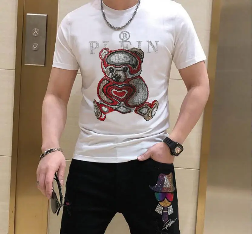 High Street Rhinestone T-shirt Mens Hip Hop Men Tees Streetwear Fashion Tops Drop Shipping