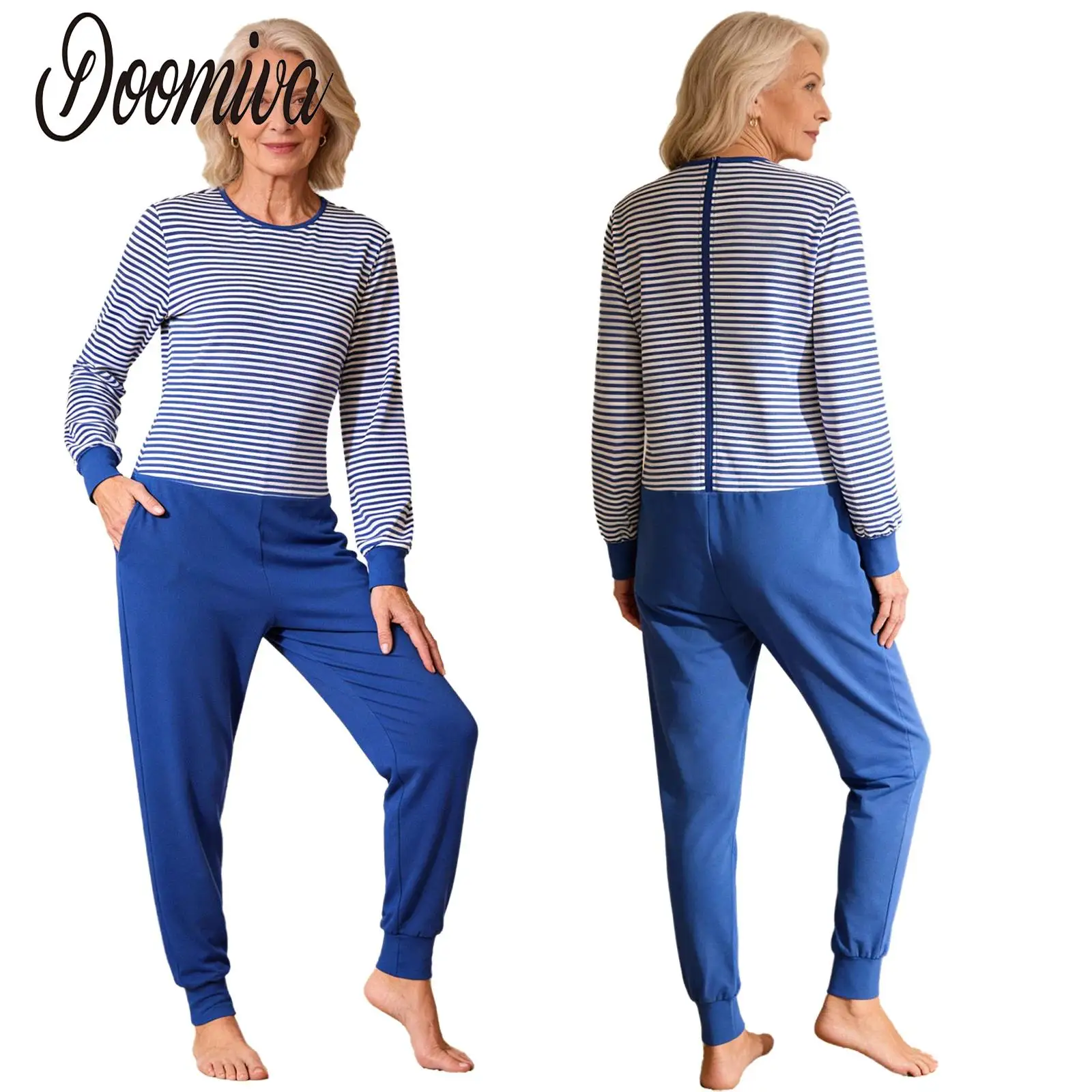 

Women Striped Elderly Alzheimer Nursing Jumpsuit Long Sleeves Zip Anti-strip One-piece for Special Needs Caring and Disabilities