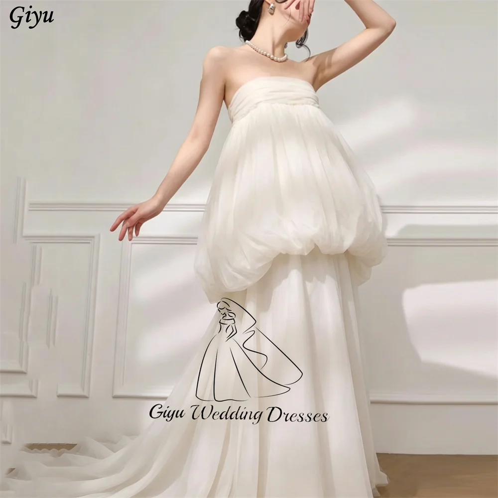 Giyu StraplessTulle Wedding Dress Women Bubble Puffy Bridal Gown Simple Flowy Korea Wedding Dress Photo Shoot Customized