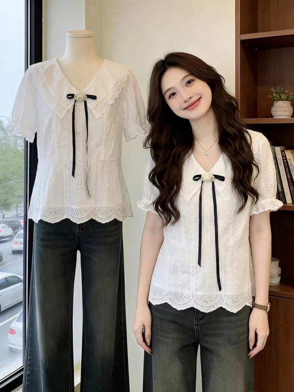 

Cute Doll Collar Short Sleeve Lace Shirt Women's Summer New Style plus Size Bell Sleeve Blouse Korean Version Loose Fit Butte...