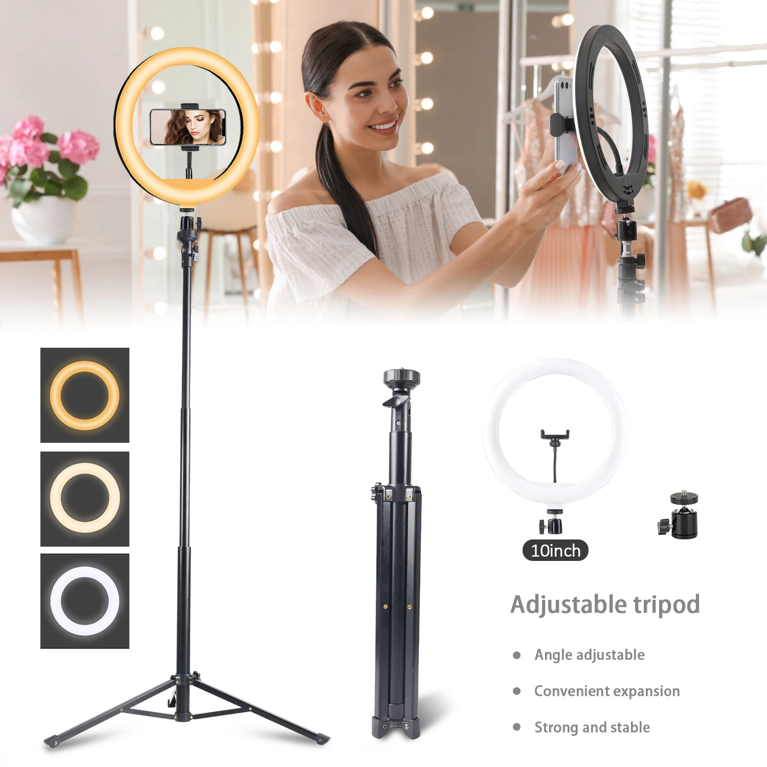 10 Inch Round Fill-Light LED Light Kit, 3 Color Adjustable, with Telescopic Tripod for Photography, Makeup, Selfies, Live Stream